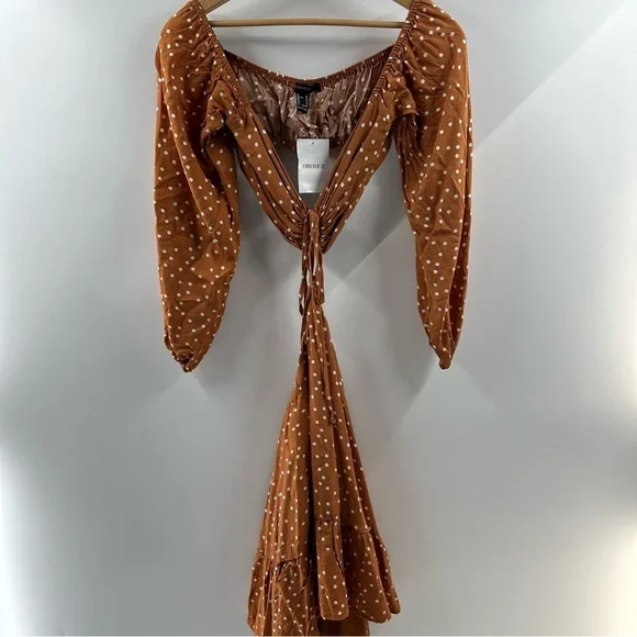 Forever 21 Brown Polka Dot Cutout Long Sleeve Dress – Size M, NWT - Picture 1 of 6